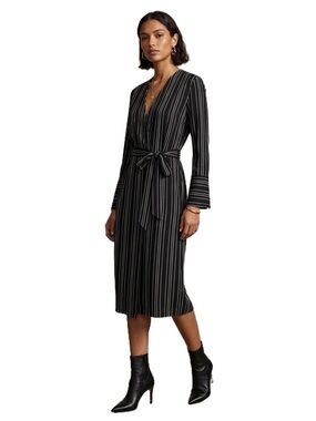 Zara Black and White Striped Wrap Dress with Pockets